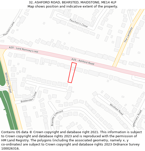 32, ASHFORD ROAD, BEARSTED, MAIDSTONE, ME14 4LP: Location map and indicative extent of plot