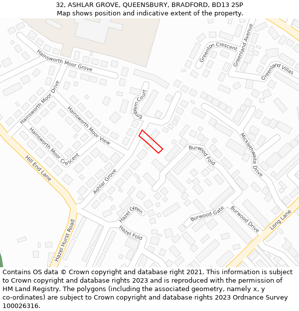 32, ASHLAR GROVE, QUEENSBURY, BRADFORD, BD13 2SP: Location map and indicative extent of plot