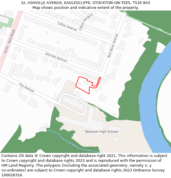 32, ASHVILLE AVENUE, EAGLESCLIFFE, STOCKTON-ON-TEES, TS16 9AX: Location map and indicative extent of plot