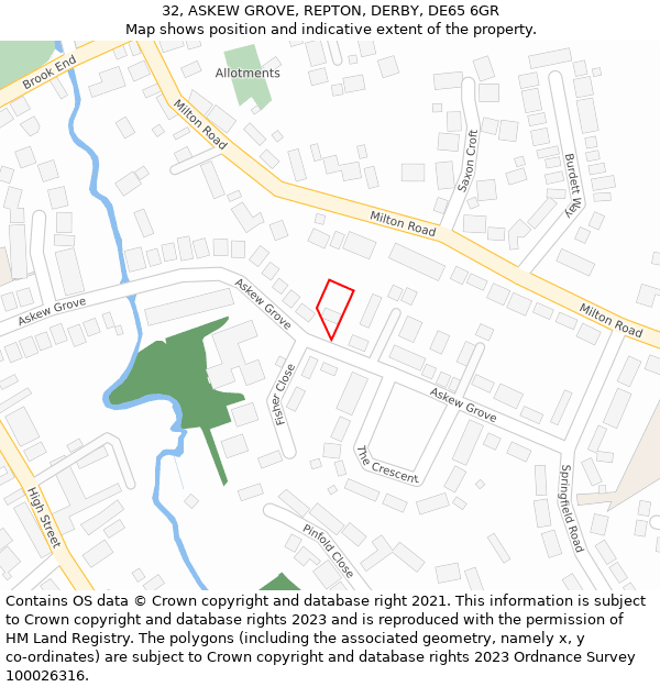 32, ASKEW GROVE, REPTON, DERBY, DE65 6GR: Location map and indicative extent of plot