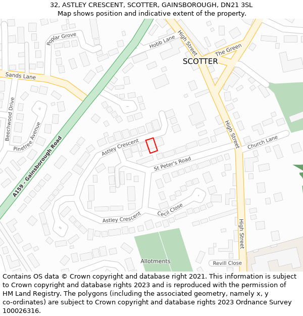 32, ASTLEY CRESCENT, SCOTTER, GAINSBOROUGH, DN21 3SL: Location map and indicative extent of plot