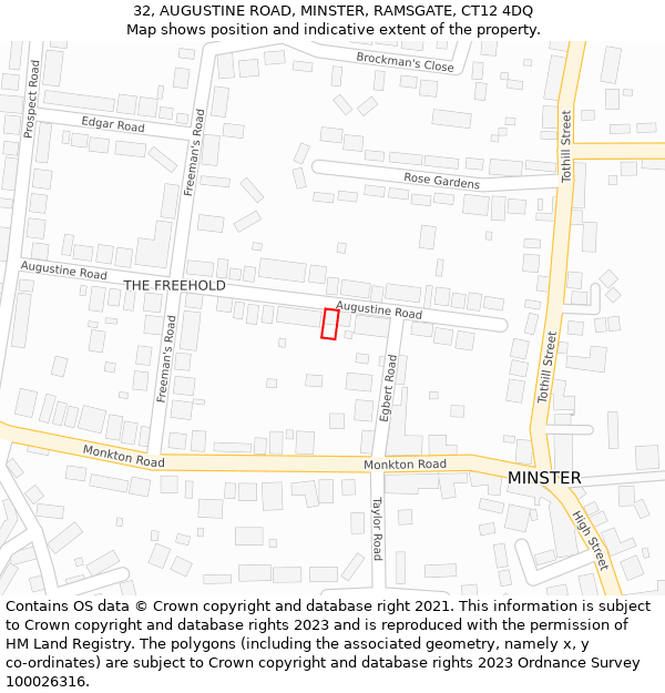 32, AUGUSTINE ROAD, MINSTER, RAMSGATE, CT12 4DQ: Location map and indicative extent of plot