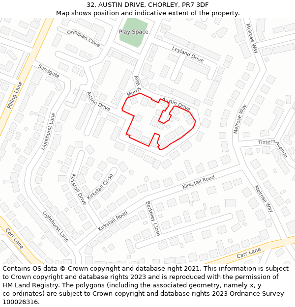 32, AUSTIN DRIVE, CHORLEY, PR7 3DF: Location map and indicative extent of plot
