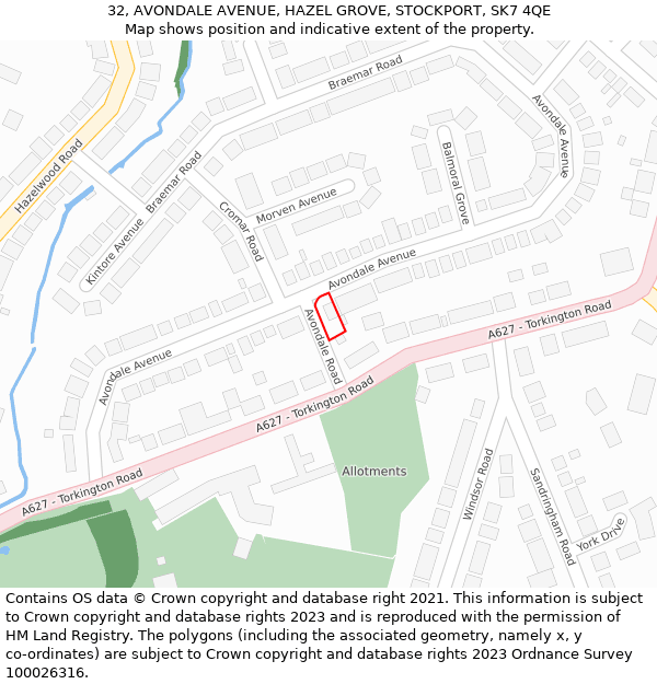 32, AVONDALE AVENUE, HAZEL GROVE, STOCKPORT, SK7 4QE: Location map and indicative extent of plot