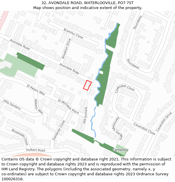 32, AVONDALE ROAD, WATERLOOVILLE, PO7 7ST: Location map and indicative extent of plot