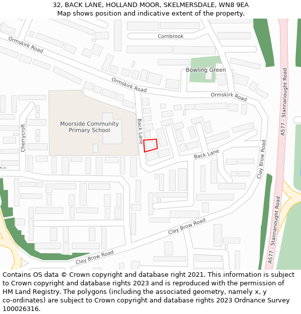 32, BACK LANE, HOLLAND MOOR, SKELMERSDALE, WN8 9EA: Location map and indicative extent of plot