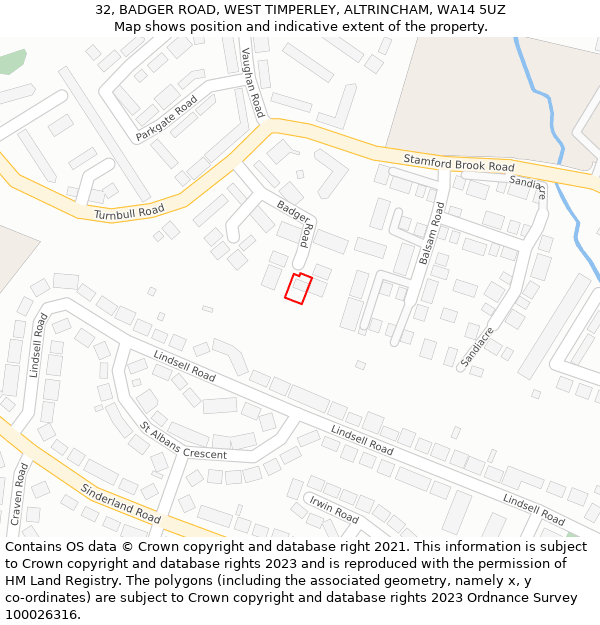 32, BADGER ROAD, WEST TIMPERLEY, ALTRINCHAM, WA14 5UZ: Location map and indicative extent of plot
