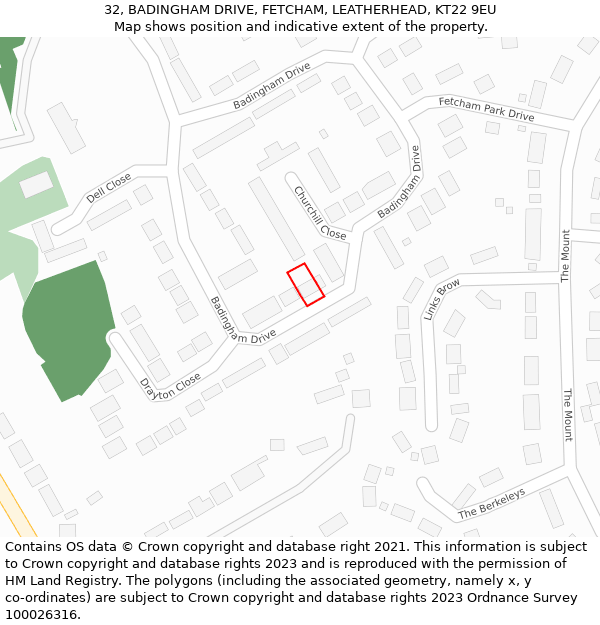 32, BADINGHAM DRIVE, FETCHAM, LEATHERHEAD, KT22 9EU: Location map and indicative extent of plot