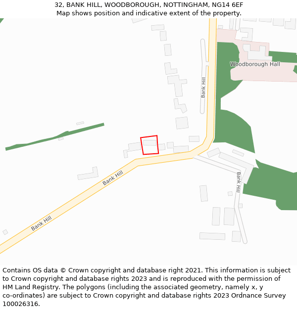 32, BANK HILL, WOODBOROUGH, NOTTINGHAM, NG14 6EF: Location map and indicative extent of plot