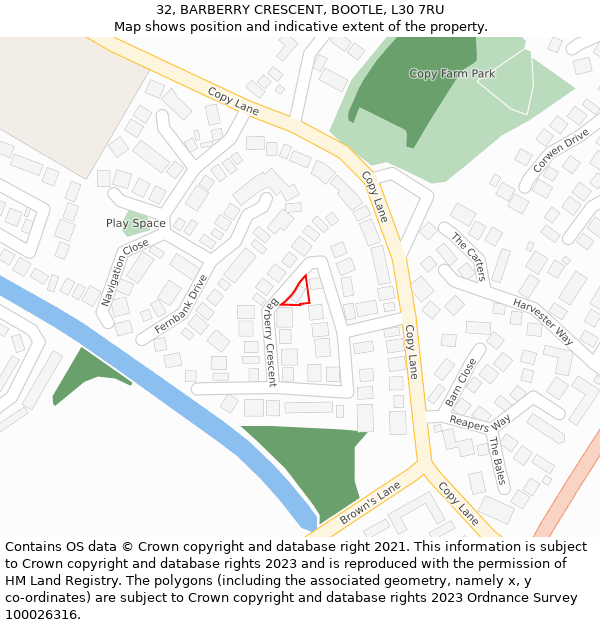 32, BARBERRY CRESCENT, BOOTLE, L30 7RU: Location map and indicative extent of plot