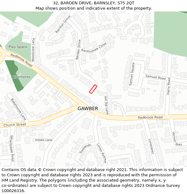 32, BARDEN DRIVE, BARNSLEY, S75 2QT: Location map and indicative extent of plot