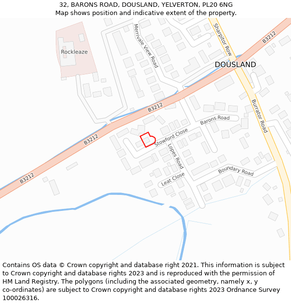 32, BARONS ROAD, DOUSLAND, YELVERTON, PL20 6NG: Location map and indicative extent of plot