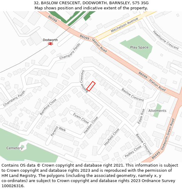 32, BASLOW CRESCENT, DODWORTH, BARNSLEY, S75 3SG: Location map and indicative extent of plot