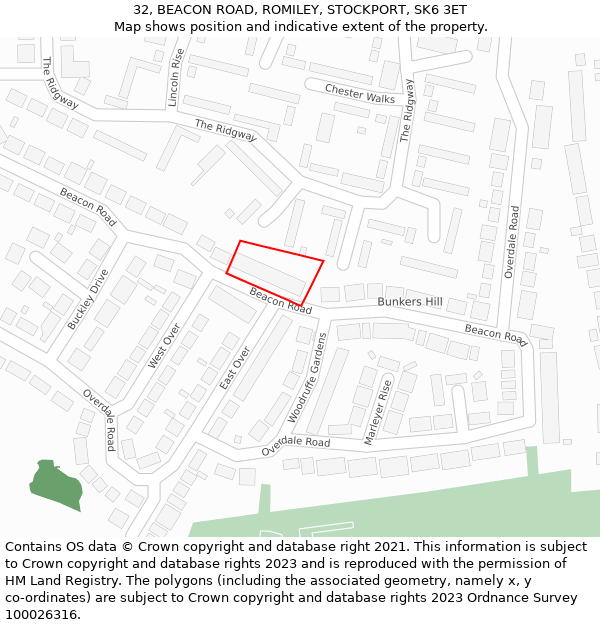 32, BEACON ROAD, ROMILEY, STOCKPORT, SK6 3ET: Location map and indicative extent of plot