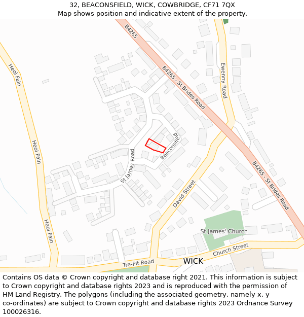 32, BEACONSFIELD, WICK, COWBRIDGE, CF71 7QX: Location map and indicative extent of plot