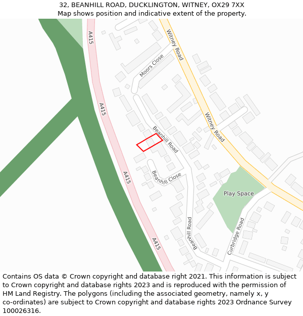 32, BEANHILL ROAD, DUCKLINGTON, WITNEY, OX29 7XX: Location map and indicative extent of plot