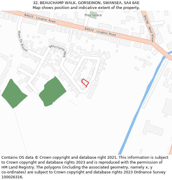 32, BEAUCHAMP WALK, GORSEINON, SWANSEA, SA4 6AE: Location map and indicative extent of plot