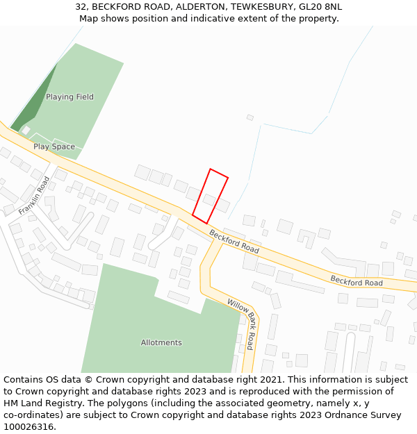 32, BECKFORD ROAD, ALDERTON, TEWKESBURY, GL20 8NL: Location map and indicative extent of plot