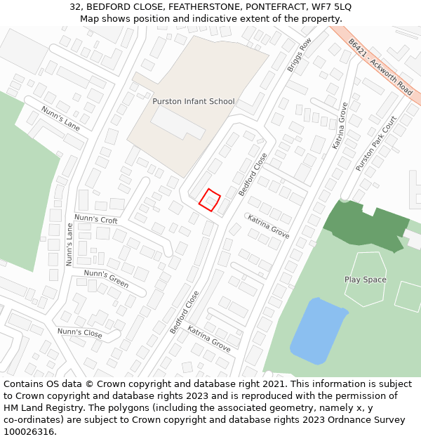 32, BEDFORD CLOSE, FEATHERSTONE, PONTEFRACT, WF7 5LQ: Location map and indicative extent of plot