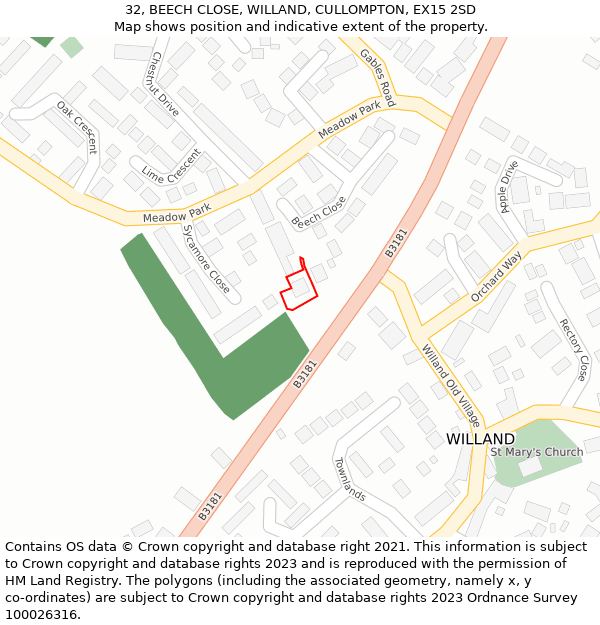 32, BEECH CLOSE, WILLAND, CULLOMPTON, EX15 2SD: Location map and indicative extent of plot