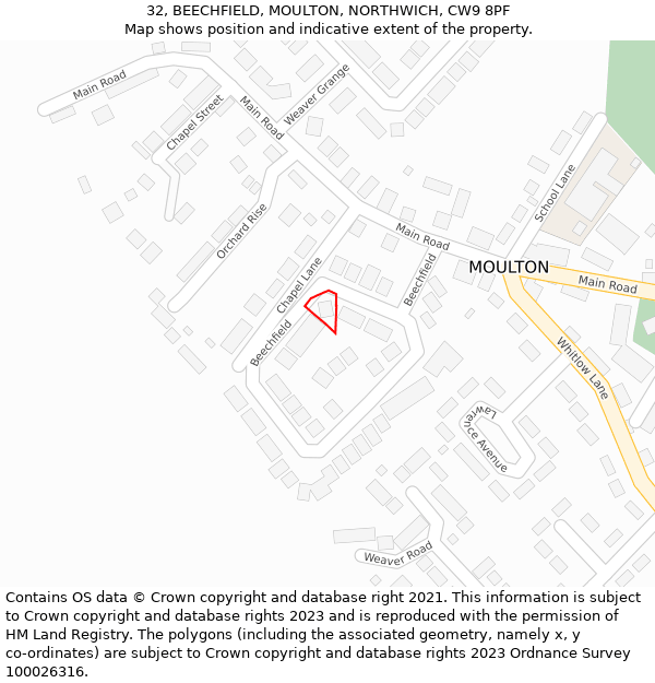 32, BEECHFIELD, MOULTON, NORTHWICH, CW9 8PF: Location map and indicative extent of plot