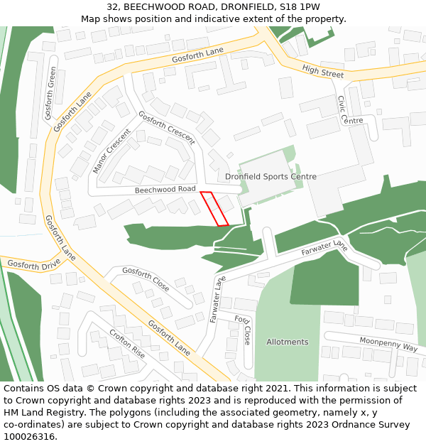 32, BEECHWOOD ROAD, DRONFIELD, S18 1PW: Location map and indicative extent of plot