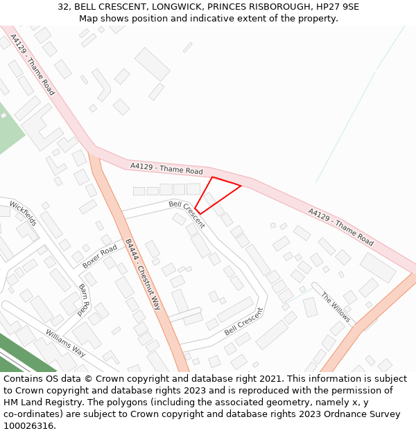 32, BELL CRESCENT, LONGWICK, PRINCES RISBOROUGH, HP27 9SE: Location map and indicative extent of plot