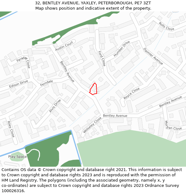 32, BENTLEY AVENUE, YAXLEY, PETERBOROUGH, PE7 3ZT: Location map and indicative extent of plot