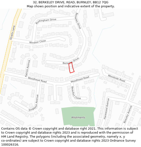 32, BERKELEY DRIVE, READ, BURNLEY, BB12 7QG: Location map and indicative extent of plot