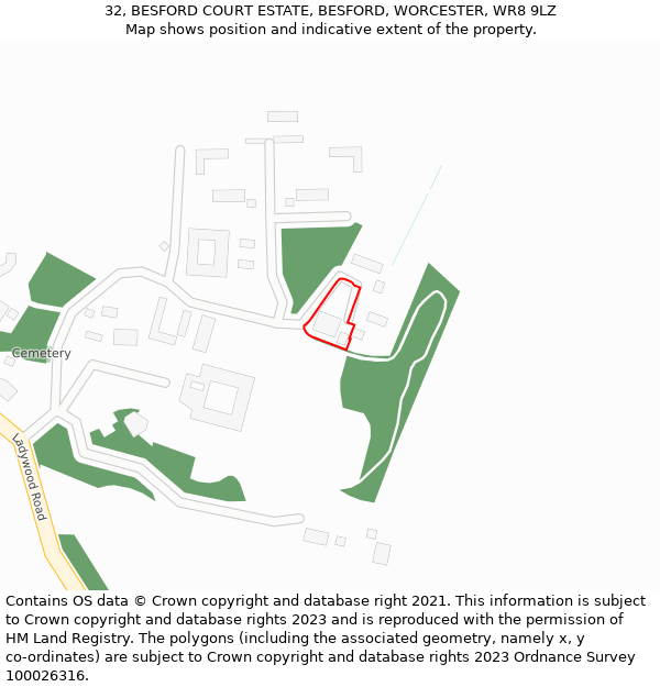 32, BESFORD COURT ESTATE, BESFORD, WORCESTER, WR8 9LZ: Location map and indicative extent of plot