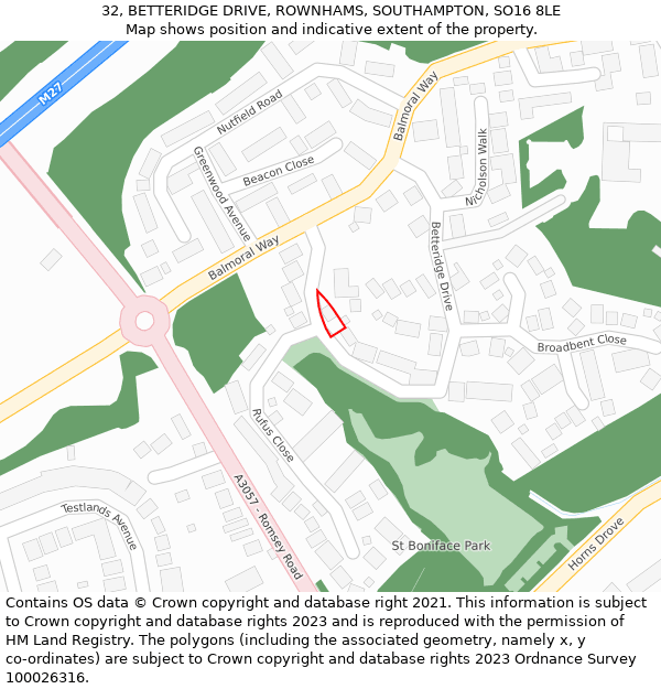 32, BETTERIDGE DRIVE, ROWNHAMS, SOUTHAMPTON, SO16 8LE: Location map and indicative extent of plot