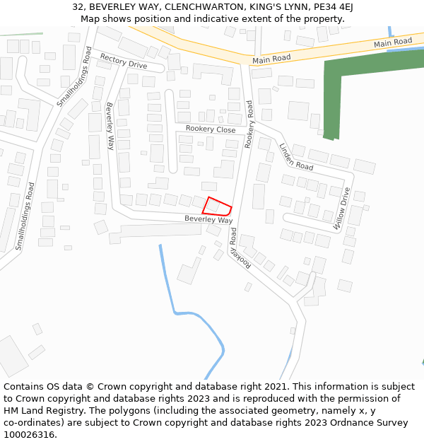 32, BEVERLEY WAY, CLENCHWARTON, KING'S LYNN, PE34 4EJ: Location map and indicative extent of plot