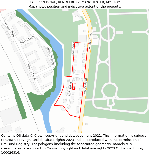 32, BEVIN DRIVE, PENDLEBURY, MANCHESTER, M27 8BY: Location map and indicative extent of plot