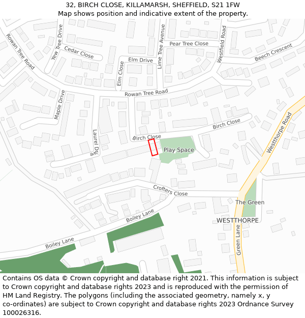 32, BIRCH CLOSE, KILLAMARSH, SHEFFIELD, S21 1FW: Location map and indicative extent of plot