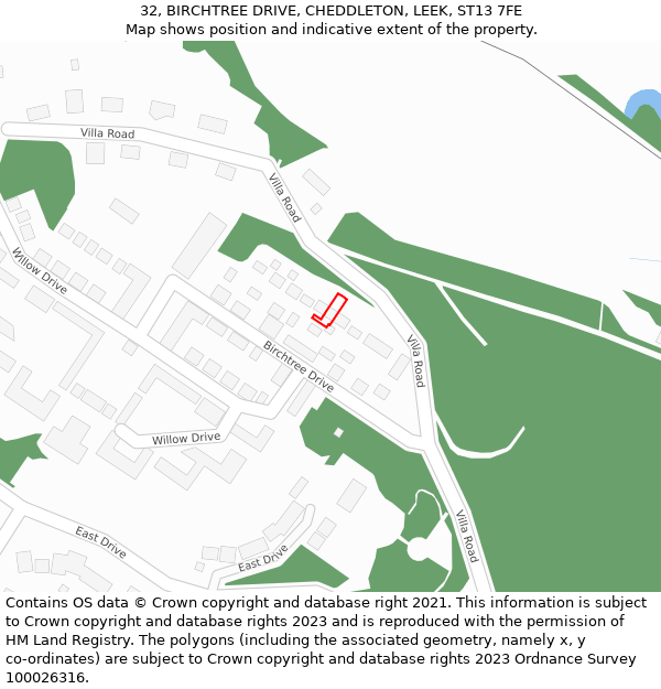 32, BIRCHTREE DRIVE, CHEDDLETON, LEEK, ST13 7FE: Location map and indicative extent of plot