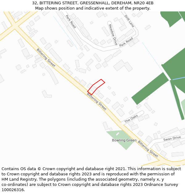 32, BITTERING STREET, GRESSENHALL, DEREHAM, NR20 4EB: Location map and indicative extent of plot