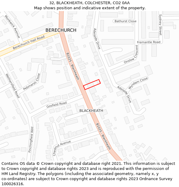 32, BLACKHEATH, COLCHESTER, CO2 0AA: Location map and indicative extent of plot