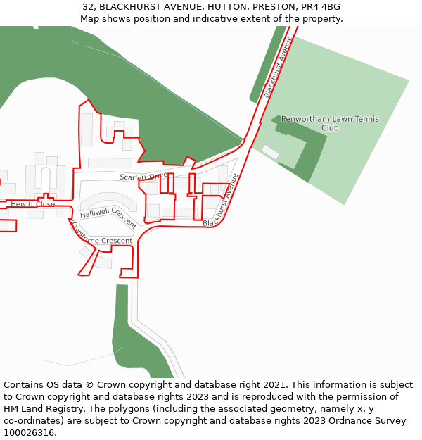 32, BLACKHURST AVENUE, HUTTON, PRESTON, PR4 4BG: Location map and indicative extent of plot