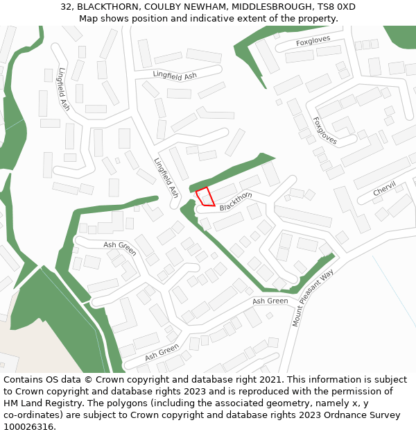 32, BLACKTHORN, COULBY NEWHAM, MIDDLESBROUGH, TS8 0XD: Location map and indicative extent of plot