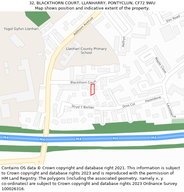 32, BLACKTHORN COURT, LLANHARRY, PONTYCLUN, CF72 9WU: Location map and indicative extent of plot