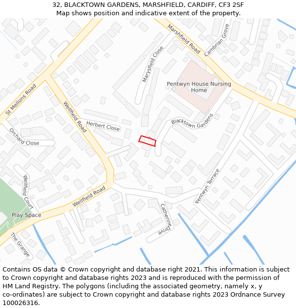 32, BLACKTOWN GARDENS, MARSHFIELD, CARDIFF, CF3 2SF: Location map and indicative extent of plot