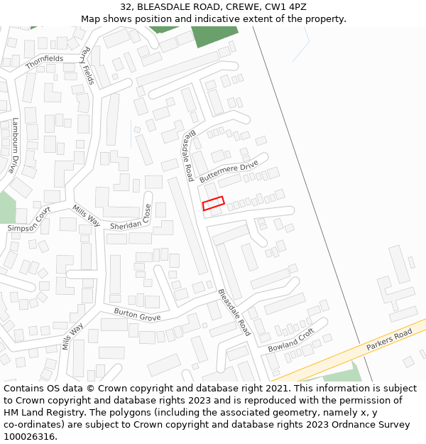 32, BLEASDALE ROAD, CREWE, CW1 4PZ: Location map and indicative extent of plot