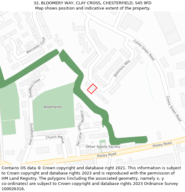 32, BLOOMERY WAY, CLAY CROSS, CHESTERFIELD, S45 9FD: Location map and indicative extent of plot