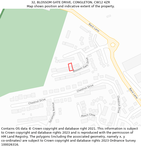 32, BLOSSOM GATE DRIVE, CONGLETON, CW12 4ZR: Location map and indicative extent of plot