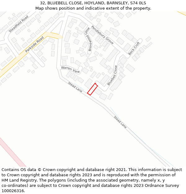 32, BLUEBELL CLOSE, HOYLAND, BARNSLEY, S74 0LS: Location map and indicative extent of plot