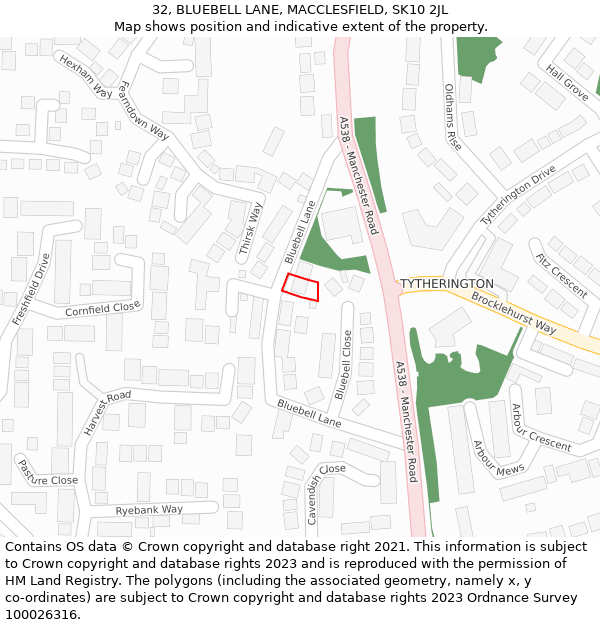 32, BLUEBELL LANE, MACCLESFIELD, SK10 2JL: Location map and indicative extent of plot