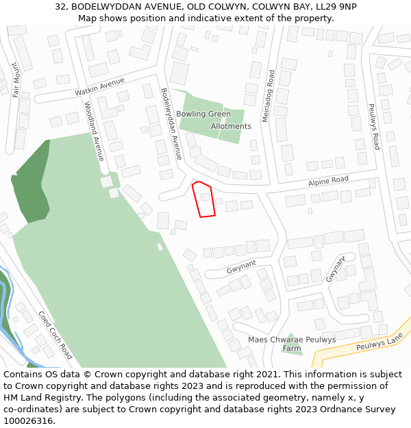 32, BODELWYDDAN AVENUE, OLD COLWYN, COLWYN BAY, LL29 9NP: Location map and indicative extent of plot