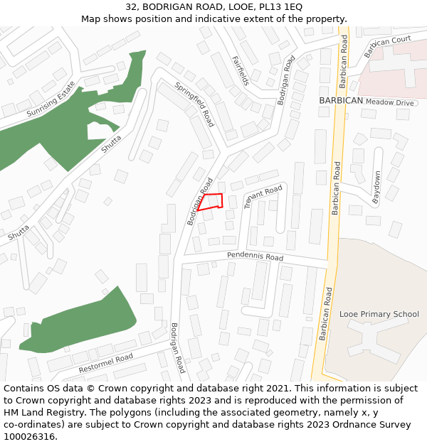 32, BODRIGAN ROAD, LOOE, PL13 1EQ: Location map and indicative extent of plot