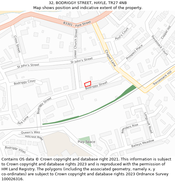 32, BODRIGGY STREET, HAYLE, TR27 4NB: Location map and indicative extent of plot