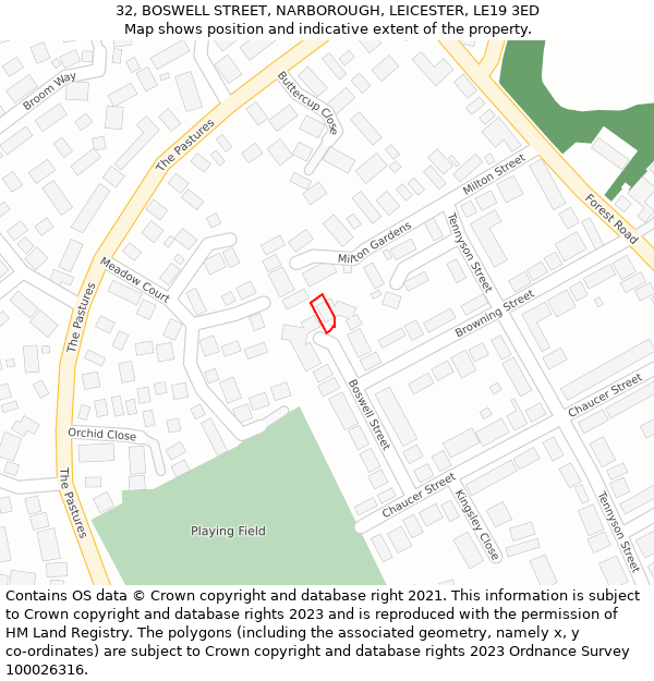 32, BOSWELL STREET, NARBOROUGH, LEICESTER, LE19 3ED: Location map and indicative extent of plot